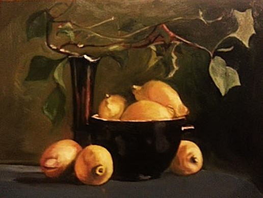 an oil painting study of jos van riswisk's Lemons in a Black Bowl