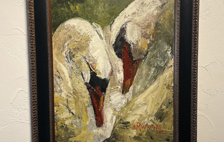 an oil painting of two swans, impasto, palette knife