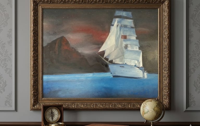 Framed oil painting of a tall sailing ship at night.