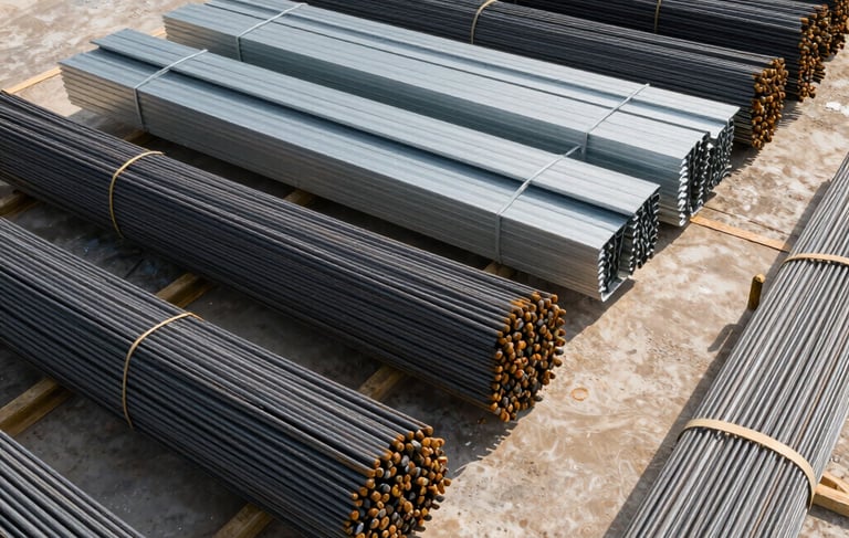 A professional photograph of a modern construction supply warehouse in South American / Brazilian setting, showing perfectly organized stacks of steel rebars, pipes, and metal sheets. Bright daytime lighting, industrial aesthetic, conveying reliability and quality.