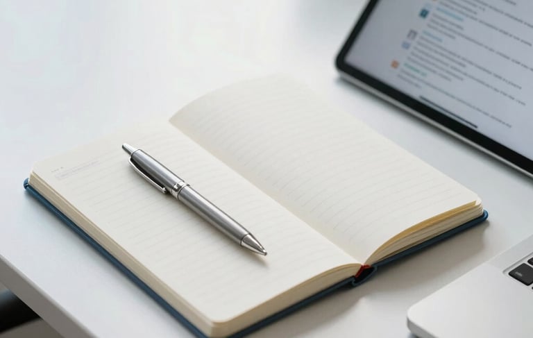 A high-angle shot of a tidy, modern professional desk in a bright South American office. A clean notebook, a metallic pen, and a tablet displaying a document list sit on the surface. The scene is illuminated with natural light, featuring soft Blue and White tones to evoke trust and efficiency.