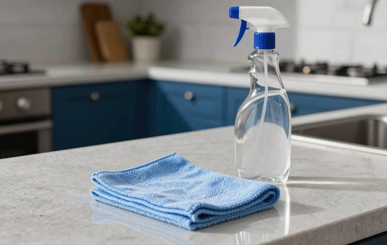 A professional cleaning setup in a modern North American kitchen with dark blue cabinetry. A pale blue microfiber cloth and a clear cleaning spray bottle are resting on a pristine light grey stone countertop. The scene is illuminated by soft, natural sunlight, creating an atmosphere of meticulous hygiene and professionalism.