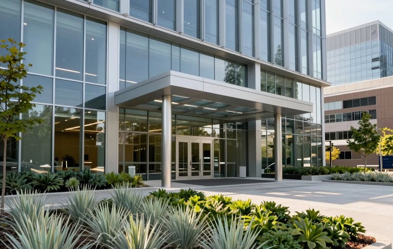 A wide-angle professional photograph of a modern North American corporate office entrance with clean glass architecture. The scene includes sustainable landscaping with pale green plants and forest green accents under clear morning sunlight, conveying reliability and expertise.