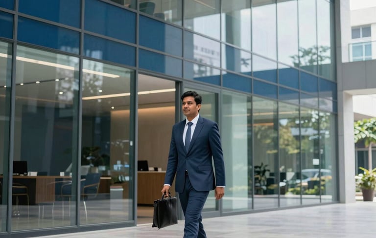 A clean, bright professional photography shot of a modern glass-walled office building in Bangalore. The scene features a South Asian / Indian professional walking through a minimalist lobby with deep blue and light blue-grey interior accents. The lighting is soft and natural, reflecting trust and efficiency.