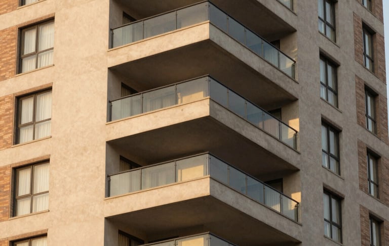 Professional architectural photography of a luxury apartment building in the Cidade Nova neighborhood of Belo Horizonte, Brazil. The image showcases the modern balcony of a penthouse with clean lines and glass railings. Warm golden hour light reflects off the windows, highlighting the sophisticated light beige and muted brown textures of the facade. South American / Brazilian setting.