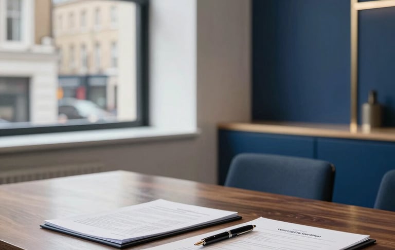 A high-end interior photograph of a modern British legal office in London. A polished dark wood meeting table is in the foreground, with professional documents and a fountain pen resting on it. The background shows a soft-focus view of a clean, minimalist office with large windows overlooking a historic street. The color palette features deep navy blue, steel blue, and subtle tan gold accents. Bright and professional lighting.
