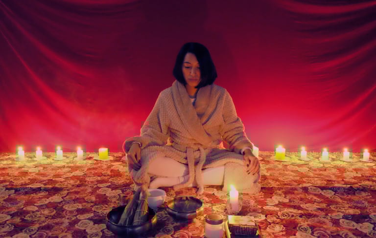 a woman with red background with plenty of candles and ritual tools in a meditative state