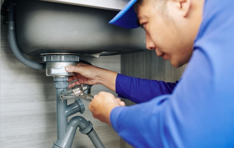 a  bc plumber in a blue shirt is fixing a sink