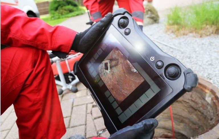 a person in a red suit and a camera bc plumber