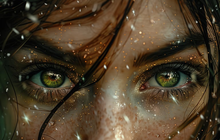 Close-up of woman’s green eyes surrounded by magical embers