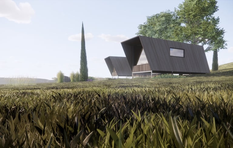 a house with a large grass field and trees