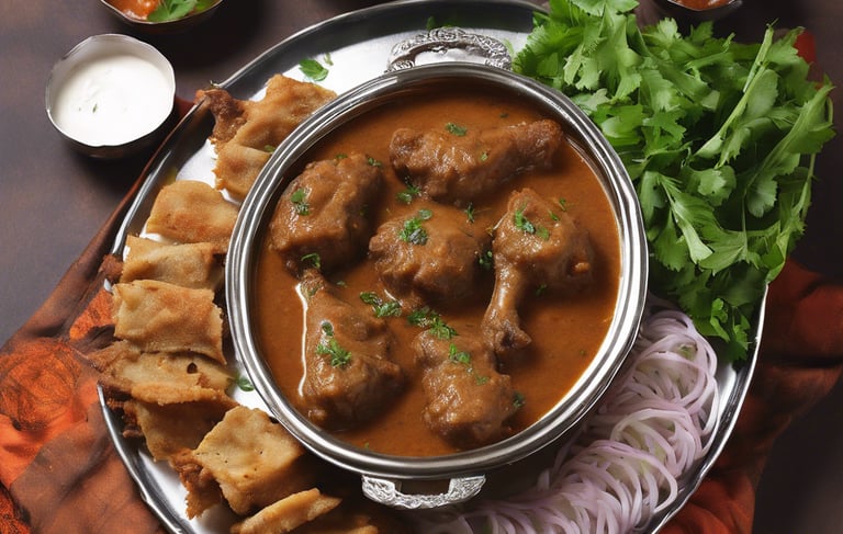 A variety of foods arranged on a wooden table, including a hot dog with mustard, French fries, a roasted chicken, samosas, a burger, and scattered lettuce leaves. Each dish is placed on a black plate, surrounded by assorted vegetables like cucumbers, tomatoes, and lime.