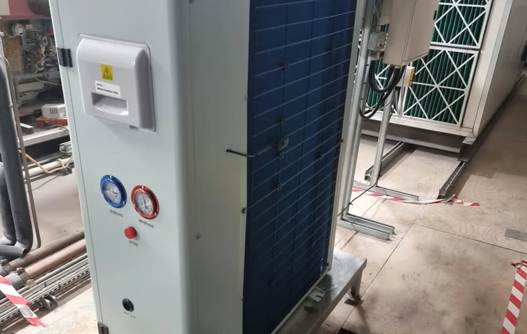 Indoor Maxx Cold evaporator unit paired with outdoor condenser, forming a complete blast chiller