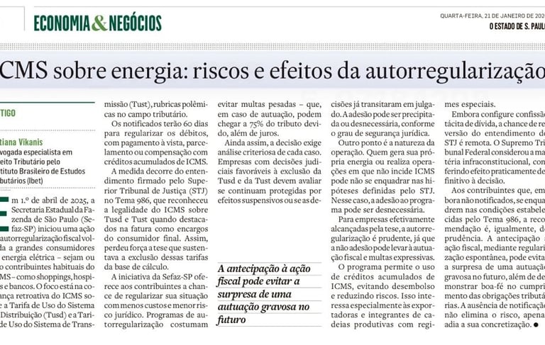 Artigo no jornal O Estado de S. Paulo