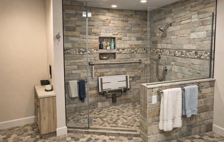 ADA-accessible bathroom with walk-in shower, grab bars, and bench