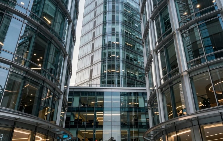 A professional photography of a high-tech corporate office lobby in Paris La Defense district, featuring sleek glass and steel architecture. The lighting is sophisticated, with deep navy and teal accents reflecting off polished surfaces. The scene conveys reliability and sovereign authority in digital infrastructure.
