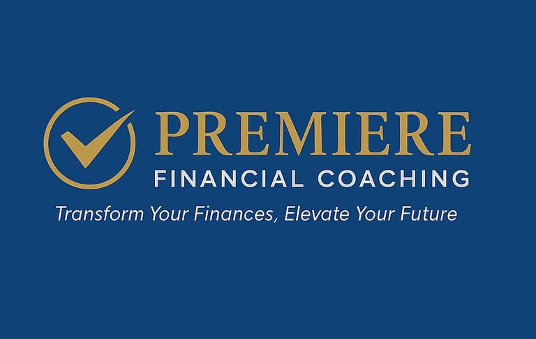 a blue and gold logo for premier financial coaching