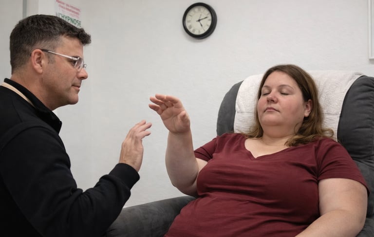 Thomas Beaucher en séance avec une consultante. Phénomène idéomoteur du bras en lévitation.