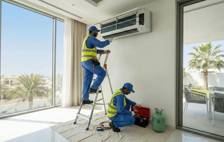 Technicians performing professional air conditioning repair and maintenance