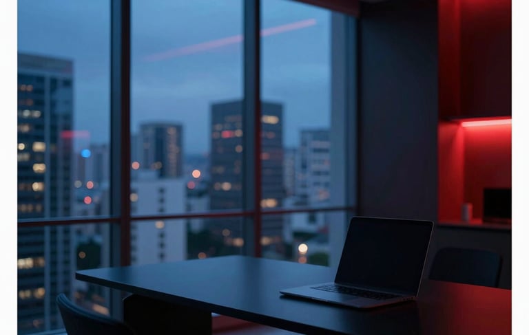 A sophisticated, minimalist workspace in a high-rise building in S&atilde;o Paulo, South American / Brazilian. A sleek laptop sits on a black desk. The room is illuminated by subtle neon blue and dark red accent lights, creating a futuristic atmosphere. Large windows show a blurred city skyline at night. Professional architectural photography, clean lines, cinematic lighting.