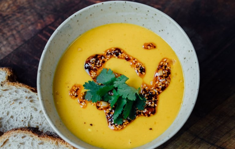Squash, Carrot & Ginger Soup with Black Bean Rãyu