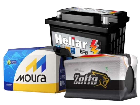 3 baterias de carro de marcas diferentes: Moura (azul e amarela), Zetta (preta e branca) e Heliar