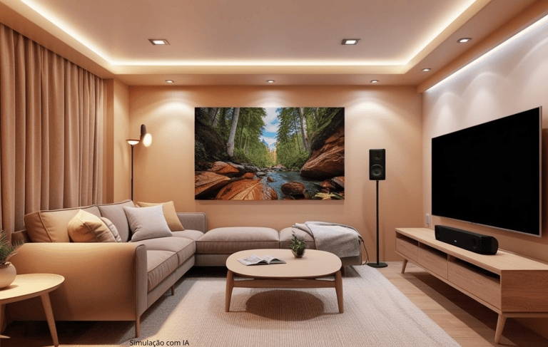 Sala ampla de estar com home theater e tv ampla