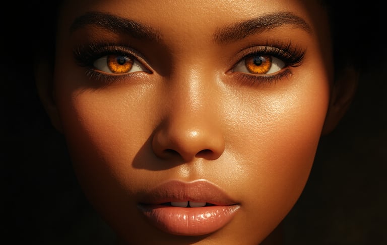 a woman with orange eyes and a black hat