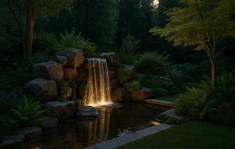 a waterfall in a park with a waterfall in the background | Nour Nagy Designs