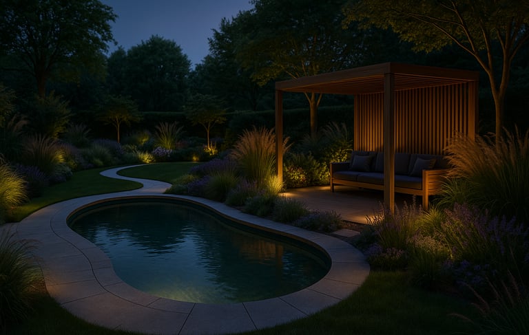 a pool with a bench and a bench in the middle of the yard | Nour Nagy Designs