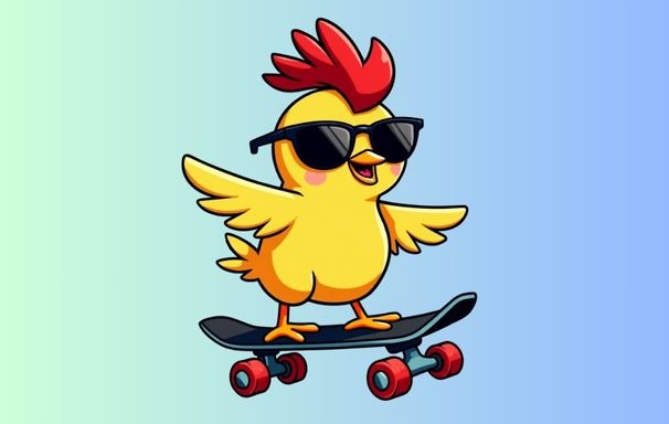 Cartoon chicken wearing sunglasses riding a skateboard, fun bold sticker design for POD.