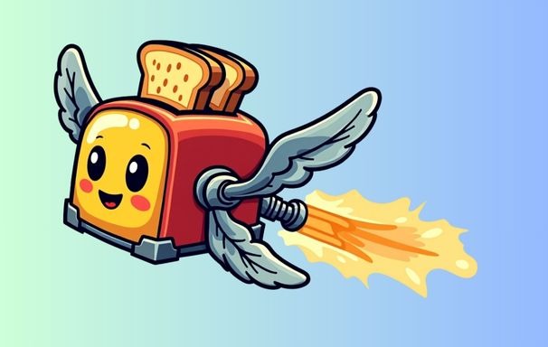 Funny cartoon flying toaster with mechanical wings and toast trail, playful POD design.