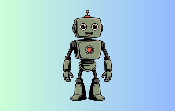 Friendly blocky cartoon robot with bold outlines and simple colors, clean vector sticker design .