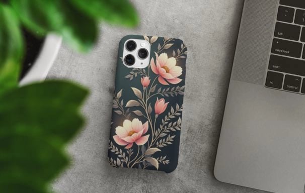 Wyrlight iPhone case mockup with luminous botanical filigree on dark background, POD design.