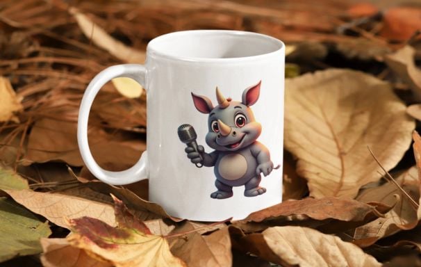 Wyrlight mug mockup with rhino holding a microphone, fun character design for POD.