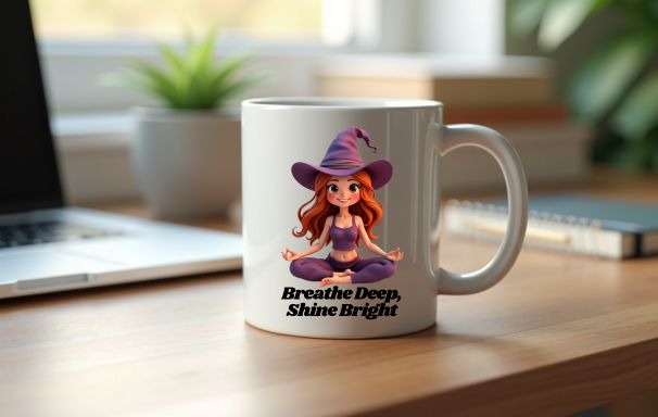 Wyrlight mug mockup with witchy lady doing yoga, fun magical design for print on demand.