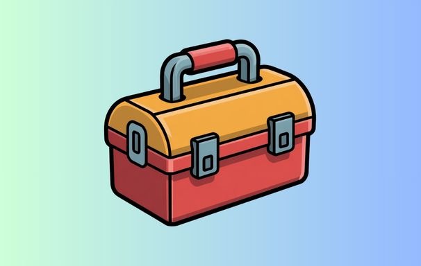 Playful toolbox with chunky geometric shapes and bold outline, clean vector design by Wyrlight.