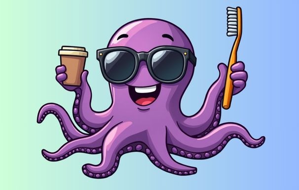 Cartoon purple octopus with sunglasses holding coffee cup and toothbrush, funny POD design.