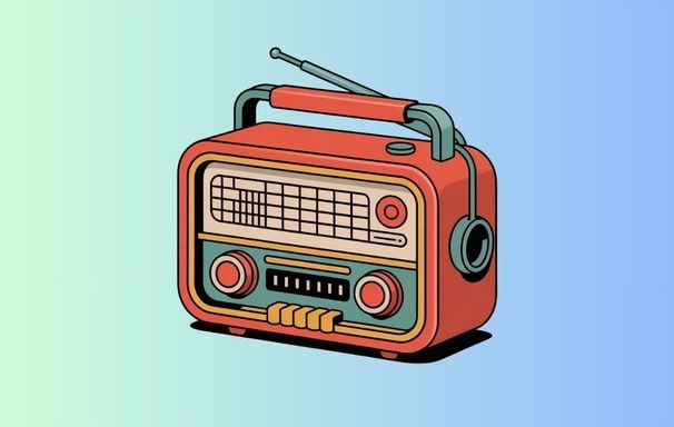 Retro radio with bold outline and simple flat colors, clean vector sticker design for POD.