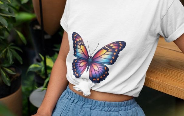 Wyrlight T-shirt mockup with butterfly print worn by girl, playful fantasy POD design.