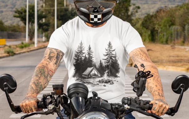 Wyrlight T-shirt mockup with camping themed design, playful outdoor artwork for POD.