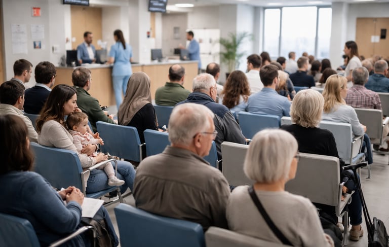 A busy waiting room with many patients waiting for care, illustrating public healthcare demand.