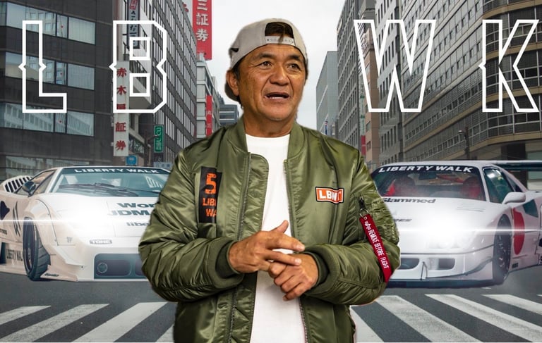 un homme se touchant les mains devant deux voitures dans une rue avec les lettres "LB WK"