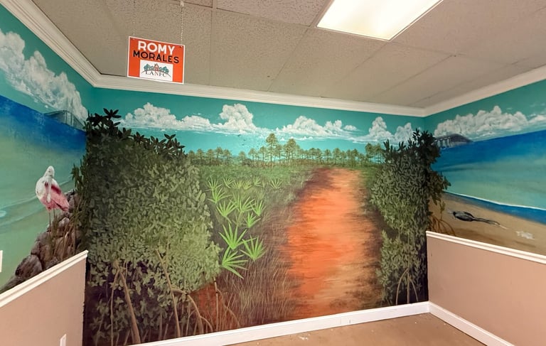 A colorful stunning realistic three wall mural featuring Florida nature, wildlife and sandy beaches by Kathy LaFollett.