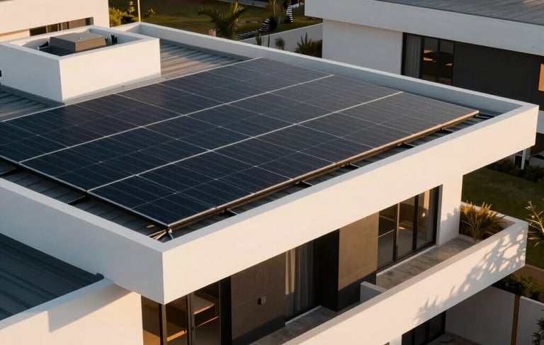 High-end South American modern residence featuring sleek photovoltaic solar panels on the roof, warm golden hour lighting, clean architectural lines with white and black accents, professional photography style.