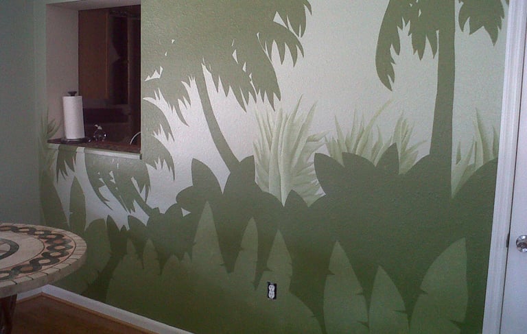 Green block colored mural of palm trees and undergrowth.
