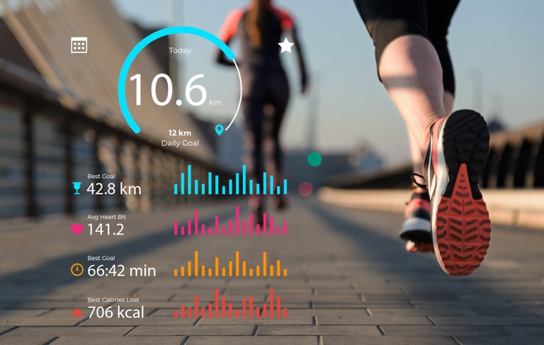 a person running on a brick walkway with progress tracking in the background