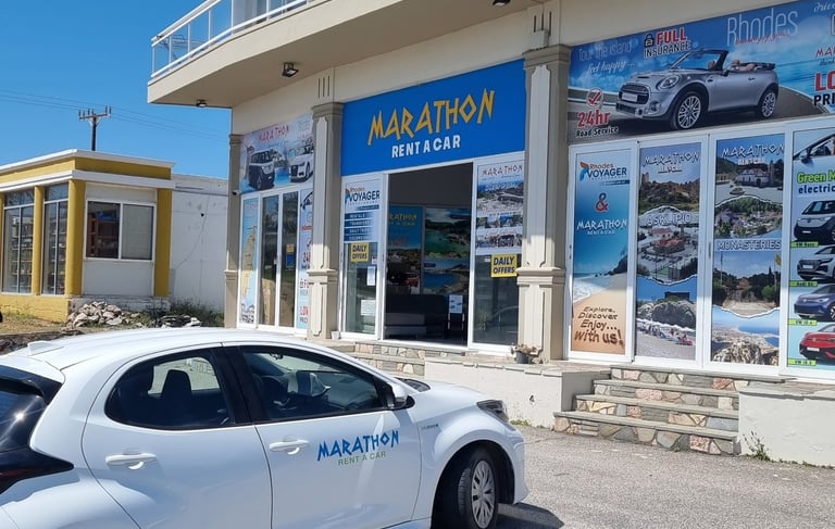 Marathon Rent a Car office in Kiotari, Rhodes providing rental cars, airport pickup and car hire