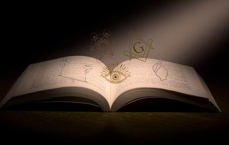 An open book under a spotlight with floating Masonic symbols, sacred geometry, and an all-seeing eye.
