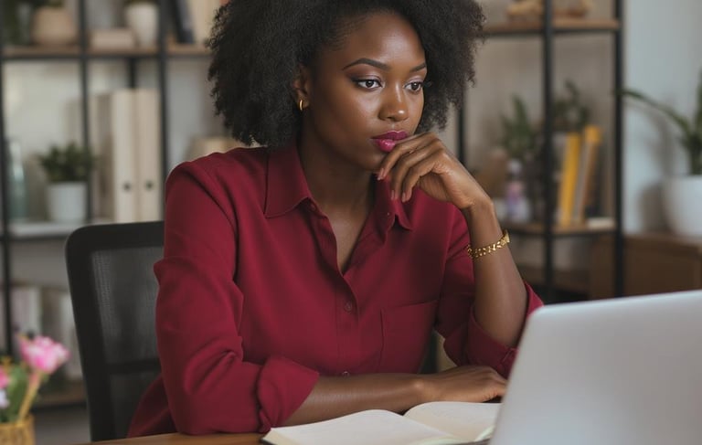 Image of a Black woman entrepreneur at her desk, deep in thought with a laptop and notebook open